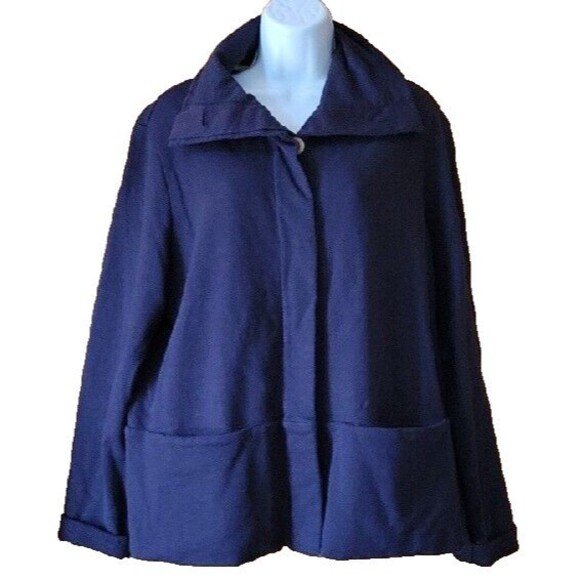 Lands' End Sweatshirt Jacket Navy L Button Front 14-16 Solid Casual Pockets - Picture 1 of 11